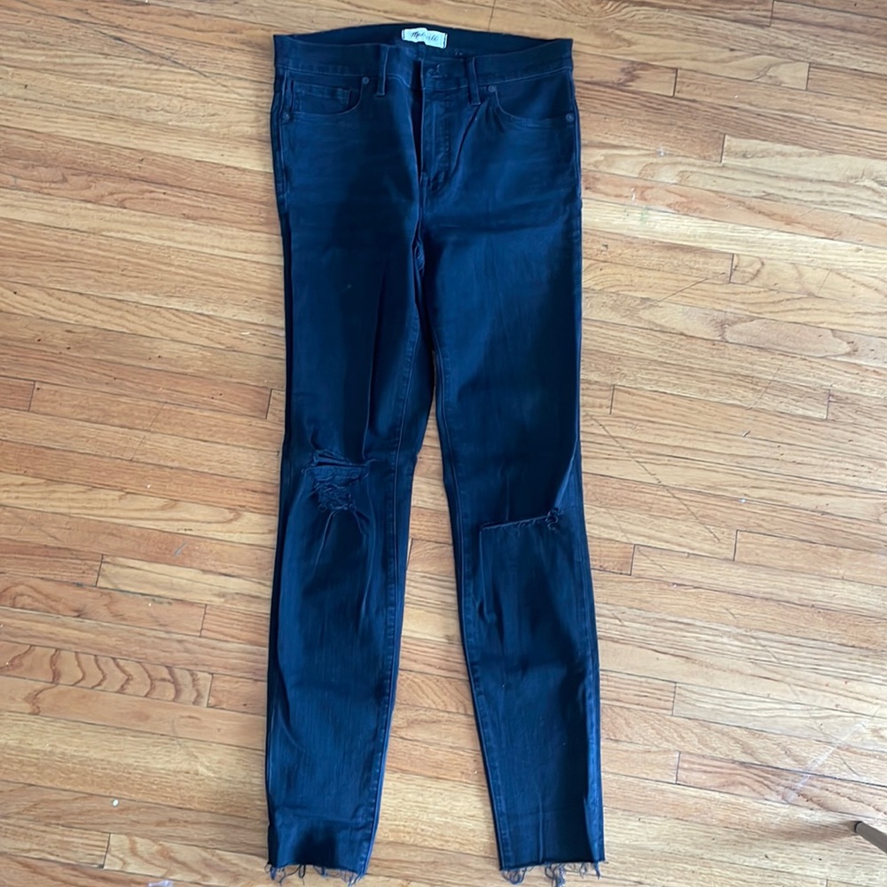 Madewell high rise skinny jeans with distressed knees.